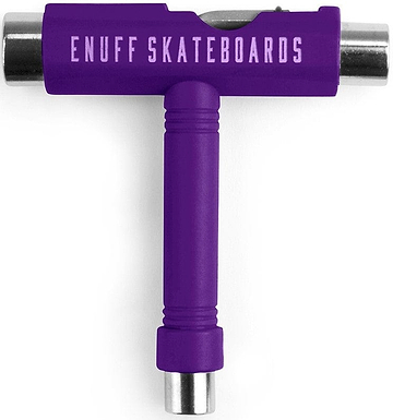 The Enuff Essential Skateboard Multi T-Tool - Purple, branded with "Enuff," is the perfect tool for skateboard maintenance. Its T-shaped design includes multiple attachments, making it easy to tighten your skateboard components.