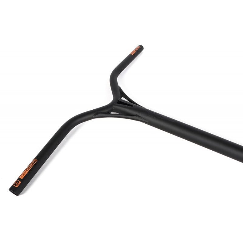 The Ethic DTC Almasty V2 62 Steel Oversized HIC Stunt Scooter Bars feature a distinct Y-shape design in black with vibrant orange branding on the crossbar. Made of durable Chromoly steel, these bars measure 620mm x 600mm and are compatible with HIC setups, displayed against a plain white background.