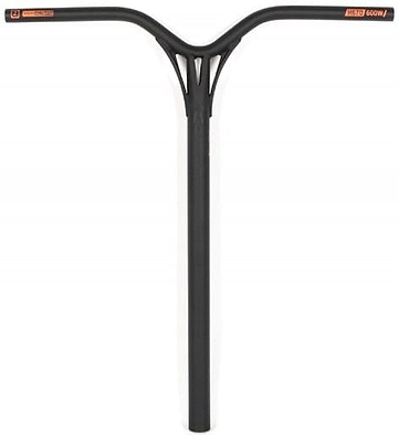 The Ethic DTC Almasty V2 67 Steel Oversized HIC Stunt Scooter Bars in black offer a sleek, minimalist design with a Y-shape and eye-catching orange decals. Crafted from durable Chromoly Steel, these bars include two diagonal supports connecting the straight stem to the vertical bar and measure 670mm x 600mm.