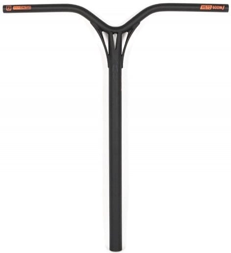 The Ethic DTC Almasty V2 stunt scooter bar showcases a black, Y-shaped handlebar constructed from resilient 72 chromoly steel, beautifully highlighted with orange accents on both ends.