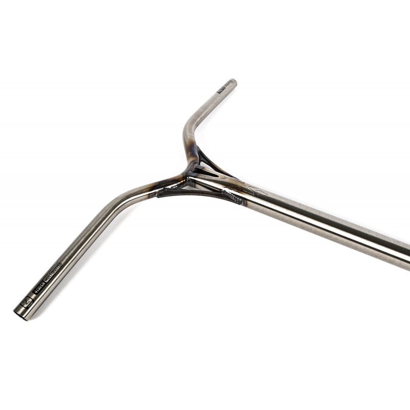 The Ethic DTC Almasty V2 62 Steel Oversized HIC Stunt Scooter Bars feature a Y-shaped design made from robust chromoly steel and come in a raw finish. Equipped with two grips on each side and a central stem that extends downward, these bars are an excellent choice for upgrading your stunt scooter setup against a simple white background.