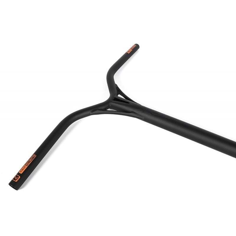 Black BMX handlebars with a unique ergonomic design, crafted from durable Chromoly Steel and featuring reinforced stems with orange accents. These bars, reminiscent of the Ethic DTC Almasty V2 72 Steel Oversized HIC Stunt Scooter Bars - Black (720mm x 600mm) by Ethic, are displayed elegantly on a white background.