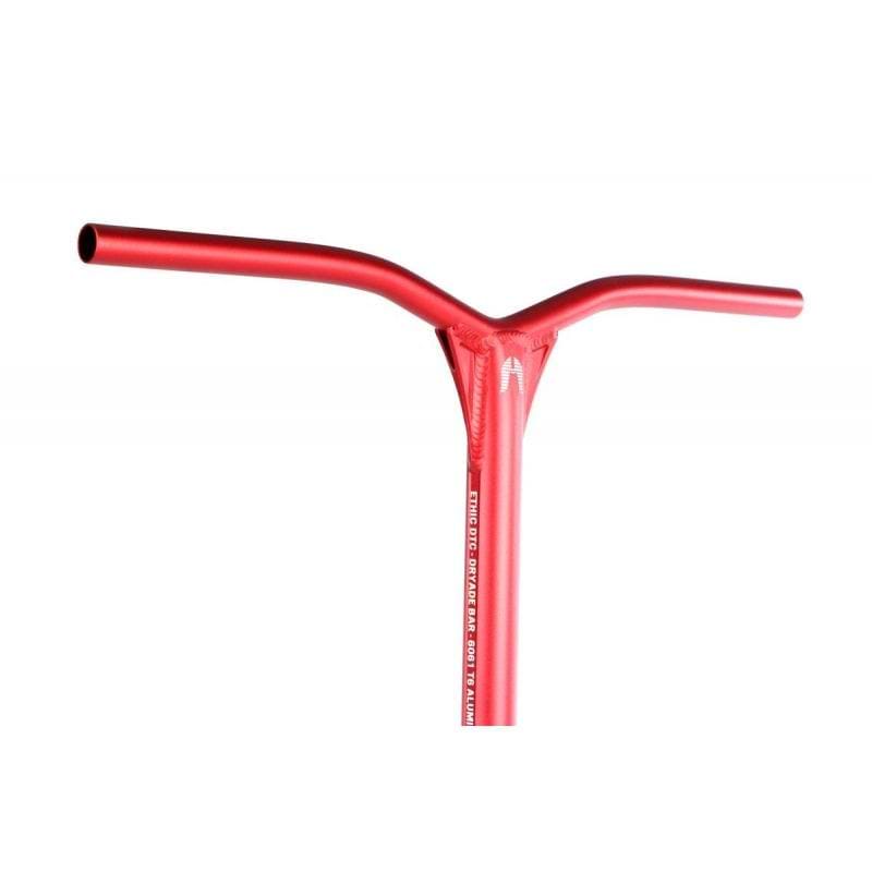 A red BMX Y-shaped handlebar with a glossy finish and reinforced stem, similar in lightness to the Ethic DTC Dryade 57 aluminium ICS/IHC stunt scooter bars.