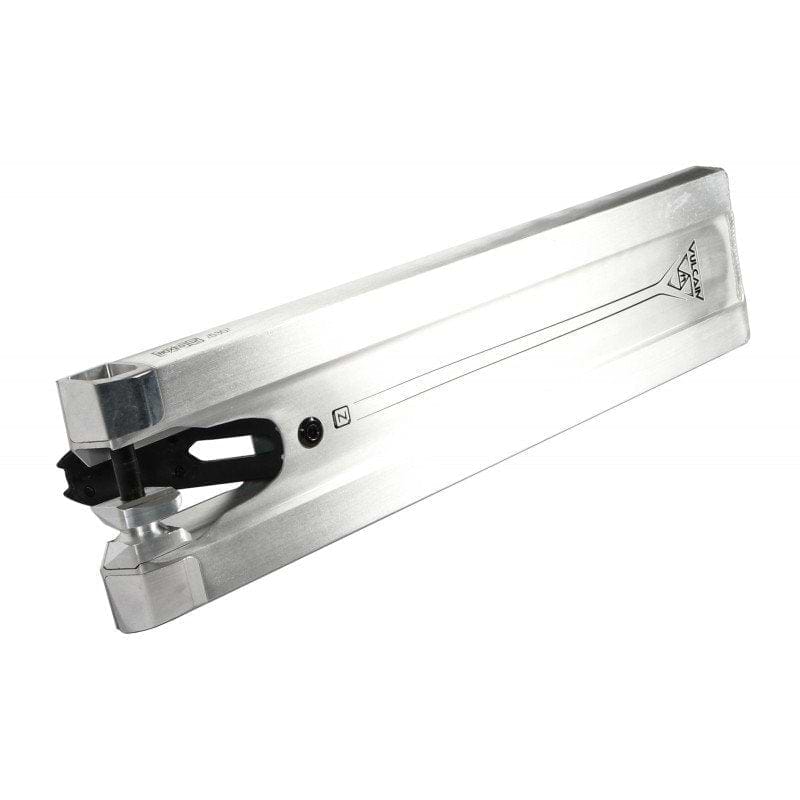 The Ethic DTC Vulcain Boxed 12 STD Raw Silver Stunt Scooter Deck, measuring 5.1" x 20.9", showcases a sleek, elongated design with a black adjustable mechanism at one end. This deck is perfect for firm holding in industrial settings and pairs seamlessly with the 12 STD bearing system, offering enhanced performance and precision.