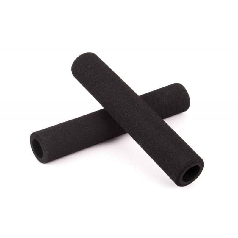 Two Ethic DTC Foam Black Stunt Scooter Grips - 170mm are crossed against a white background. These cylindrical grips have a smooth, soft texture that offers excellent grip for scooter enthusiasts.
