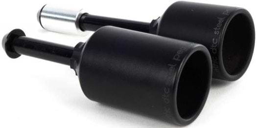 Close-up of two black Ethic stunt scooter pegs crafted from durable steel, featuring cylindrical ends and attached bolts for installation. One peg has a metallic silver end cap, making it ideal for street riding.