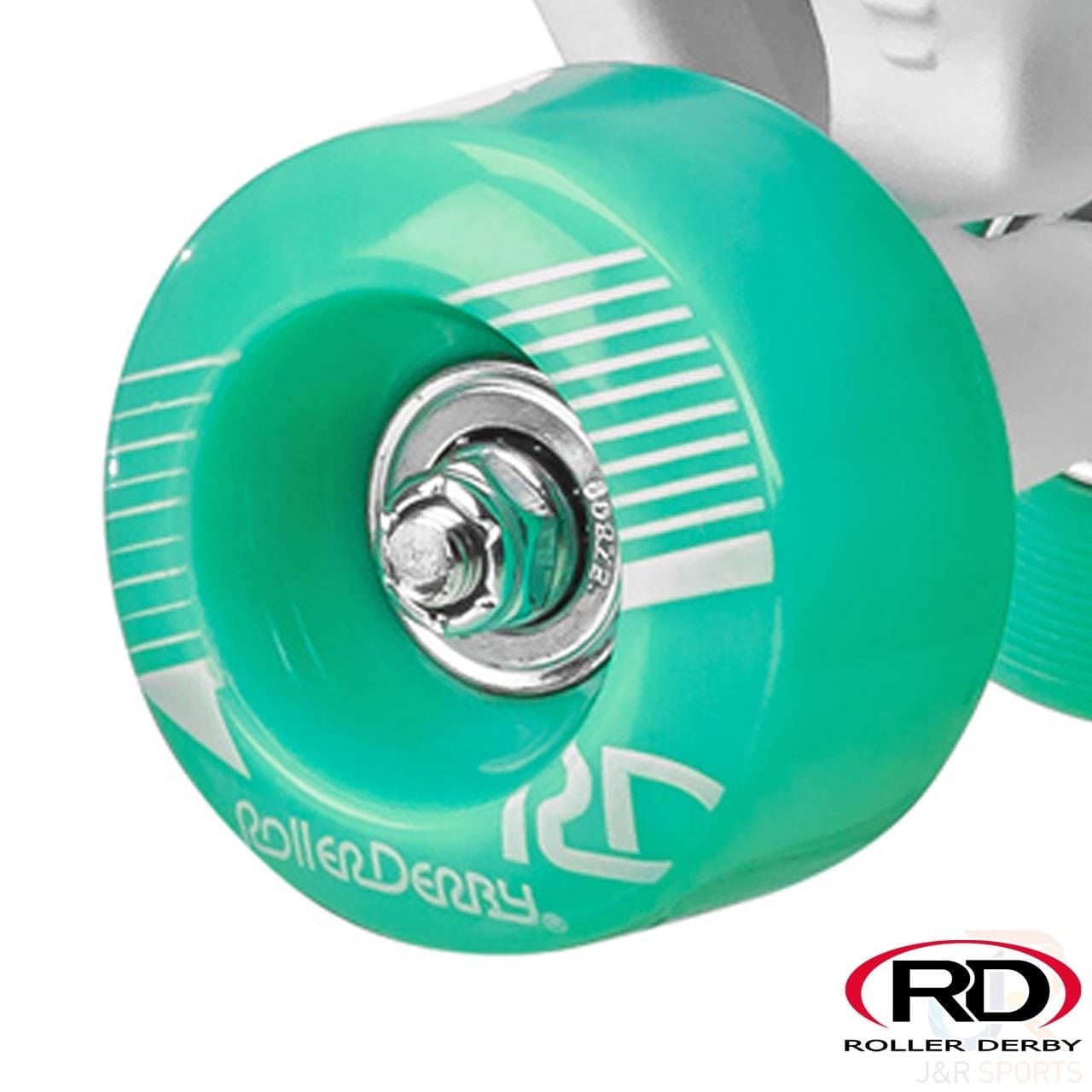 Close-up of a teal Roller Derby Firestar V2 Quad Roller Skate wheel.