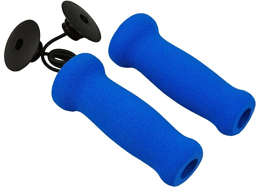 Introducing the JD Bug Original Street Foam Scooter Grips in Reflex Blue, featuring a vibrant blue finish and connected with a black cord. These are perfect for enhancing your hand grip exercises or as stylish scooter accessories, making them an ideal fit for your JD Bug scooter.