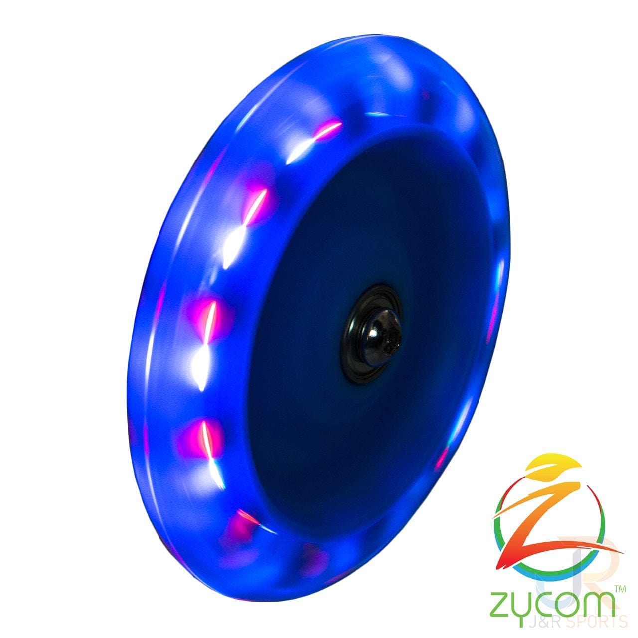 A pink circular Zycom 125mm light-up front scooter wheel featuring LEDs around the edge that create a glowing effect, with the Zycom logo positioned in the bottom right corner.