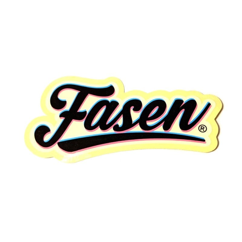 The image showcases the word "Fasen" in stylized black script with a bold shadow and yellow outline, similar to the Fasen 3D Logo Sticker - Black. The script includes a dynamic, sweeping underline, making it an ideal accessory for any Fasen enthusiast.