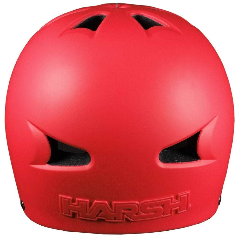 Discover the Harsh EPS Skate / Scooter Helmet in Matt Red, crafted with a smooth matte finish and designed with two front ventilation slits for optimal air circulation. The helmet prominently displays "HARSH" embossed at the bottom, combining both style and functionality. It's perfect for individuals who desire a lightweight helmet that ensures safety without sacrificing design.