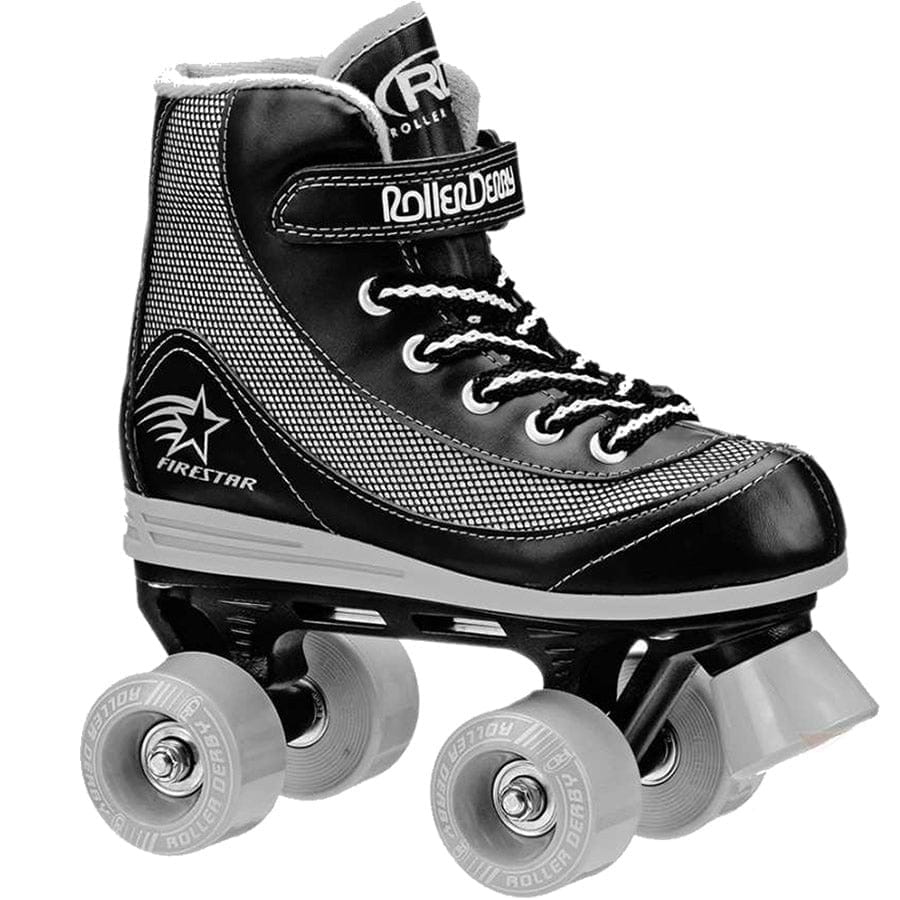The Roller Derby Firestar V2 Quad Roller Skates in black and grey boast a high-top sports shoe design with sleek white laces. Featuring four wheels, they are adorned with a star graphic and proudly display the text "Roller Derby" and "Firestar" on the side.