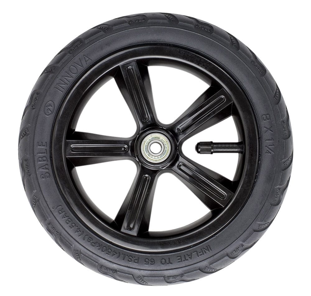 A side view of the Frenzy 230mm Pneumatic Replacement Scooter Wheel - Black reveals a sleek five-spoke alloy design, featuring branding and specifications. The black rubber tire includes a visible valve stem, embodying a modern and functional look perfect for Frenzy scooters.