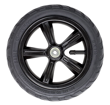 A side view of the Frenzy 230mm Pneumatic Replacement Scooter Wheel - Black reveals a sleek five-spoke alloy design, featuring branding and specifications. The black rubber tire includes a visible valve stem, embodying a modern and functional look perfect for Frenzy scooters.
