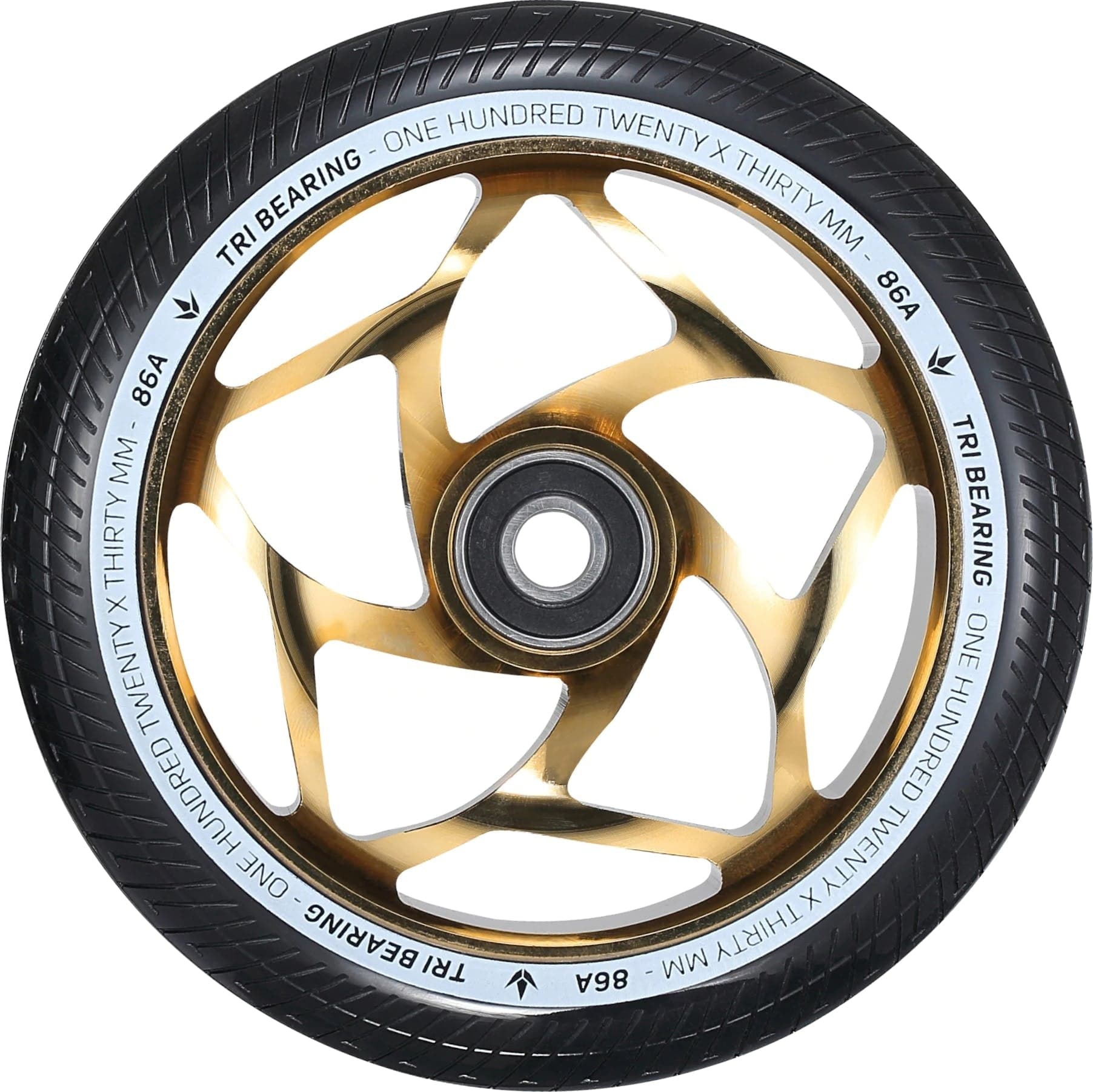 The Blunt Envy Tri-Bearing 120mm X 30mm Scooter Wheel in gold and black features a sleek design with a tri-bearing setup for enhanced control. The text around the rim reads "ONE HUNDRED TWENTY X THIRTY MM" and "86A," complemented by its contemporary pattern and tire tread.