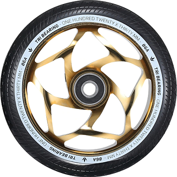 The Blunt Envy Tri-Bearing 120mm X 30mm Scooter Wheel in gold and black features a sleek design with a tri-bearing setup for enhanced control. The text around the rim reads "ONE HUNDRED TWENTY X THIRTY MM" and "86A," complemented by its contemporary pattern and tire tread.
