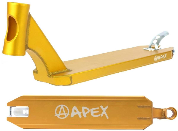 The Apex Pro Gold Stunt Scooter Deck - 4.5" x 19.3" prominently displays the brand's logo and includes an integrated head tube with a rear brake. Manufactured in Australia, this scooter deck blends a sleek, modern aesthetic with outstanding durability, offering both style and reliability.