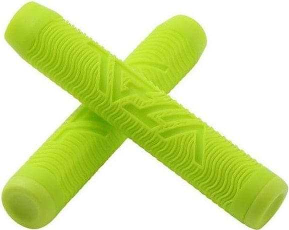 Two vibrant yellow handlebar grips, designed from thermoplastic rubber, are crossed over each other. The ultra-soft compound boasts a textured, wavy pattern and features an embossed logo, offering a secure, non-slip surface perfect for Vital Yellow Stunt Scooter Grips - 160mm.