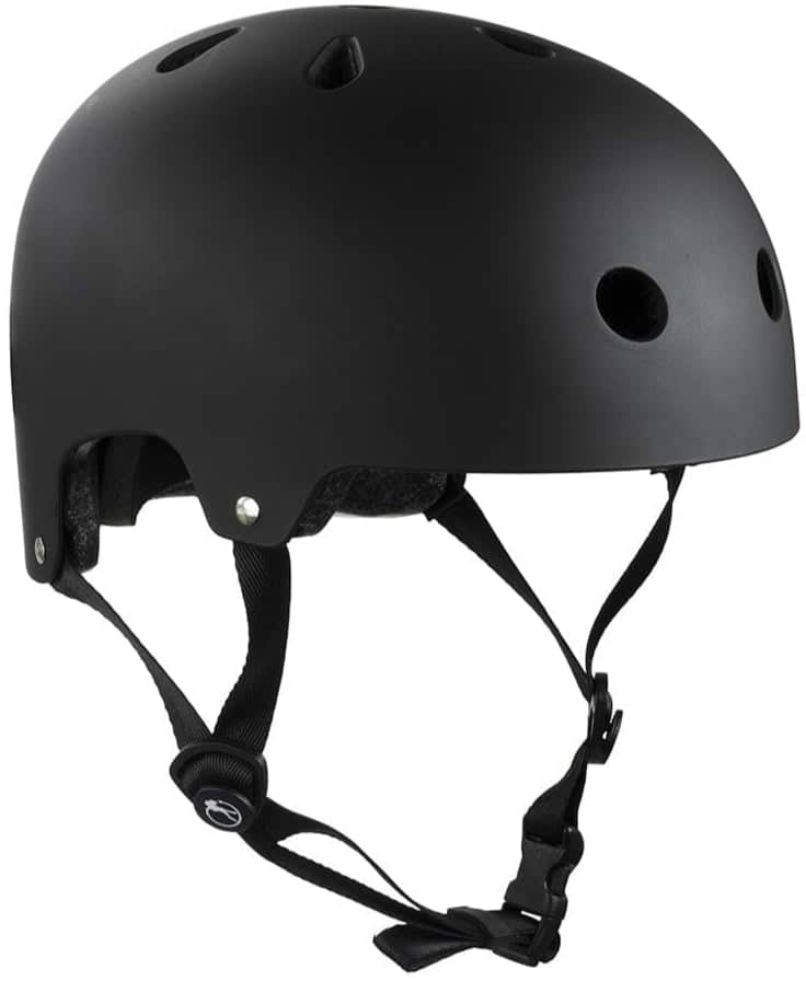 Introducing the SFR Essentials Skate / Scooter Helmet in Matt Black, featuring a high-impact ABS shell, multiple ventilation holes, and an adjustable chin strap. Its smooth matte finish offers both safety and comfort, making it perfect for your skating or cycling adventures.