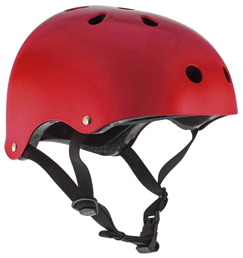 The SFR Essentials Skate / Scooter Helmet in matt red boasts black adjustable straps and multiple ventilation holes. Its side view showcases a smooth surface and secure fit, offering both safety and comfort for any adventure.