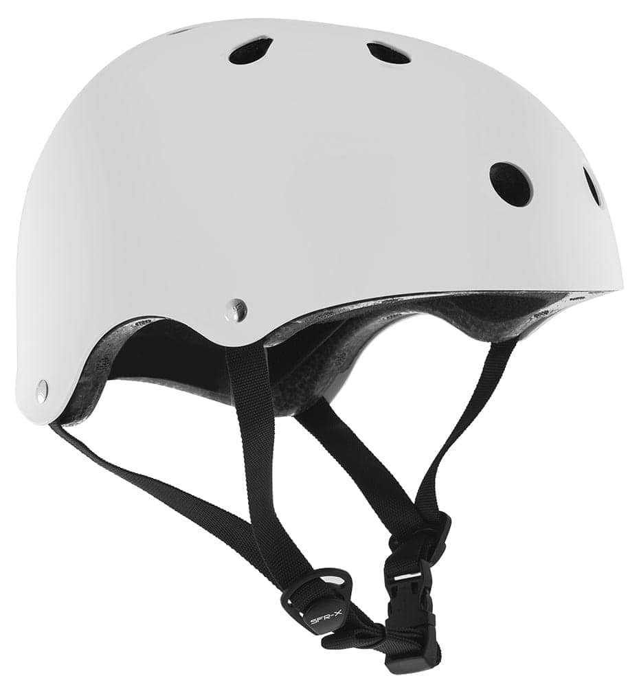 The SFR Essentials Skate/Scooter Helmet in Gloss White is a high-impact skate helmet featuring an ABS outer shell and multiple ventilation holes. It has adjustable black straps and an EPS lining, all showcased against a white background.