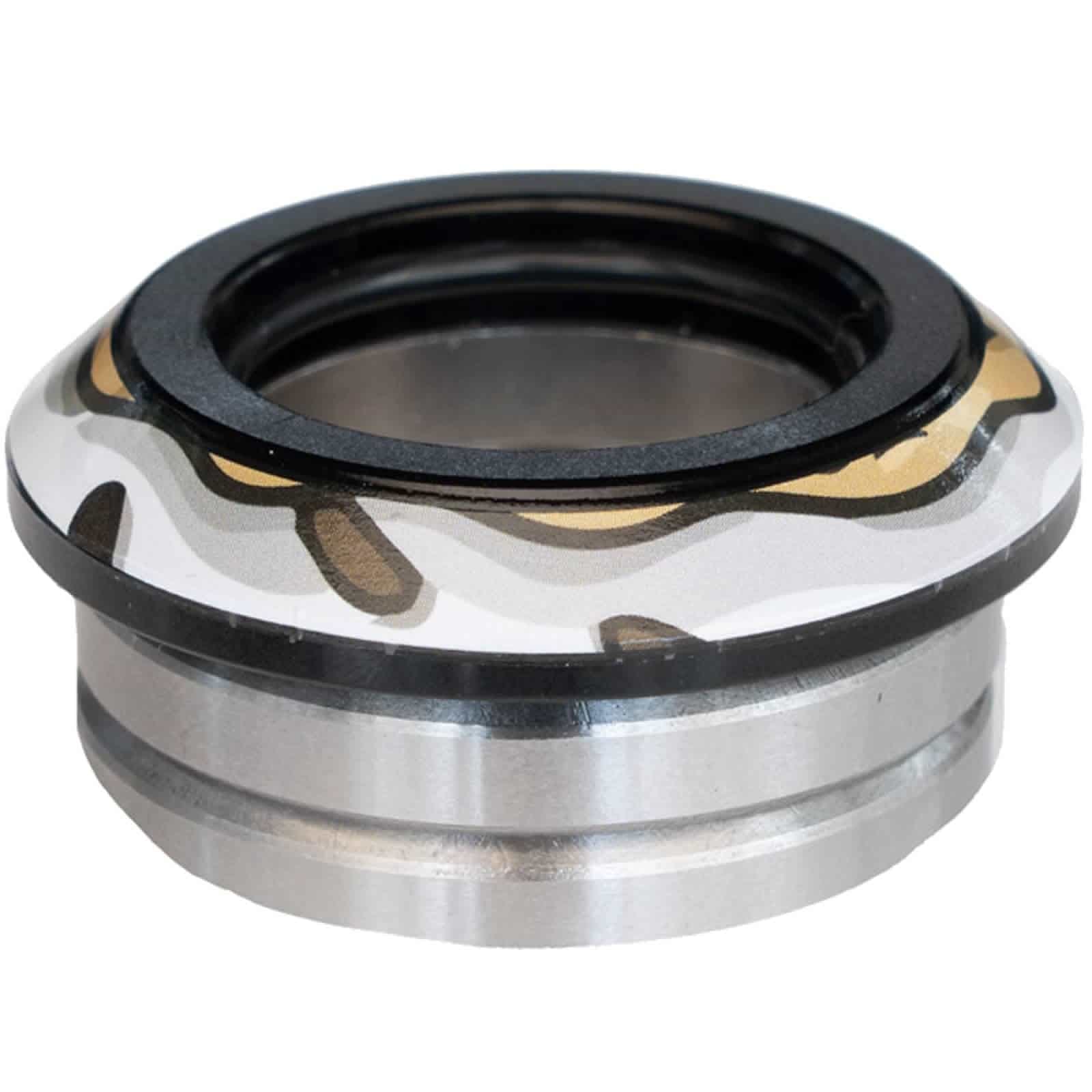 Close-up of the Chubby Doughnut Integrated Stunt Scooter Headset in black, showcasing a black rubber ring and a camouflage-patterned rim. The polished silver lower section includes sealed bearings and two grooves, topped with a compact cylindrical design.
