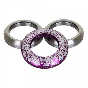The image showcases three metal rings in a triangular layout, with two silver rings positioned at the top and a decorative purple ring at the bottom. The purple ring is made from CNC milled aluminium and features intricate designs, including an engraving of the word "INFINITY," from the Infinity Mayan Integrated Stunt Scooter Headset in Purple by Infinity.