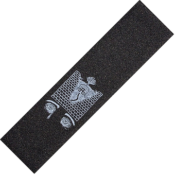 The Hella Grip The Passage Stunt Scooter Griptape - Matt McKeen Signature showcases Hella Grip's iconic design, featuring a cartoon figure behind prison bars with raised fists and two large eyes peering from the black silicone carbide grit surface, adding a dramatic flair.