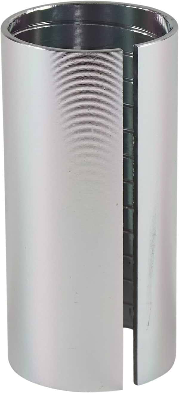 A cylindrical metal object featuring a vertical slit along its length, the Dial 911 HIC Scooter Compression Shim by Dial 911 boasts a smooth, reflective surface with a metallic finish that resembles components used in scooters or high-performance compression setups.