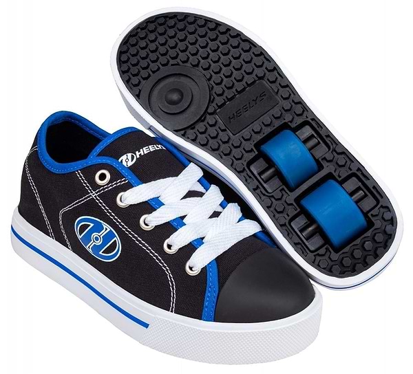 Heelys Classic X2 Boys Shoes by Heelys shown in black, white, and blue; one shoe displays the side view, while the other reveals 2 wheels in the sole from a bottom view.