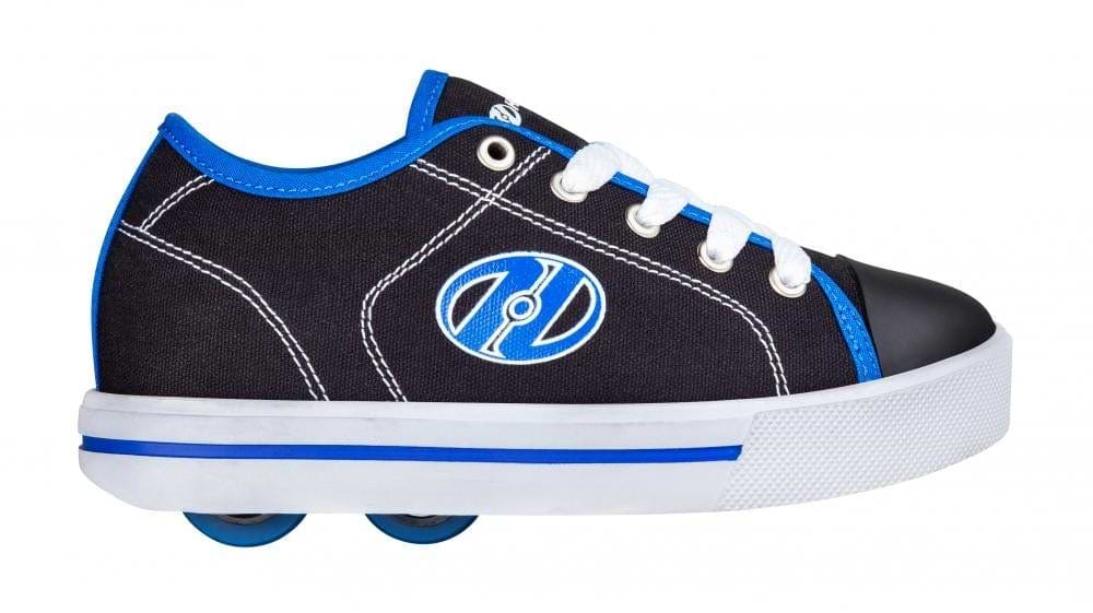 The Heelys Classic X2 Boys Shoes in black, white, and blue feature an "H" logo, white laces, and two wheels in the heel for smooth rolling fun.
