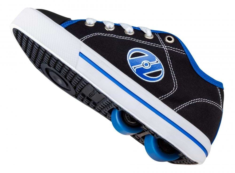 The Heelys Classic X2 Boys Shoes in black, white, and blue by Heelys are shown from the side with retractable dual wheels in the sole for both walking and rolling.
