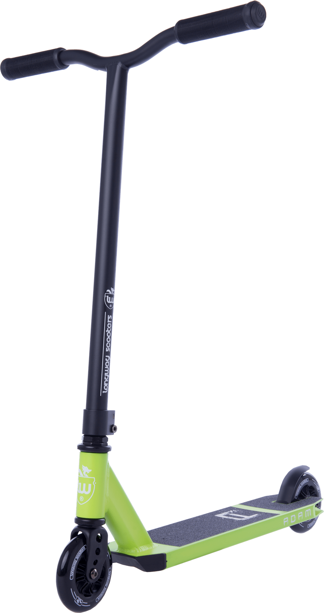 The Longway Adam Complete Stunt Scooter - Green by Longway is a beginner-friendly stunt scooter in lime green and black, featuring a T-shaped handlebar and black wheels. This lightweight model showcases brand logos in white on the handlebars and deck, making it an ideal choice for those just starting their scooting journey.
