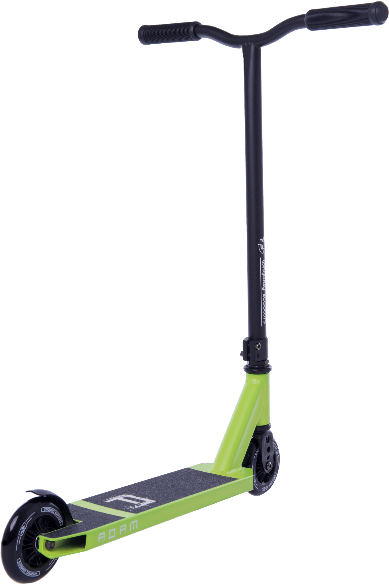 The Longway Adam Complete Stunt Scooter - Green is a beginner-friendly scooter featuring a T-shaped handlebar. It comes in green and black, with a lightweight deck that offers a grip surface for stability. The scooter is equipped with two wheels: one at the front and one at the back. The name "Adam" is prominently displayed on the deck.