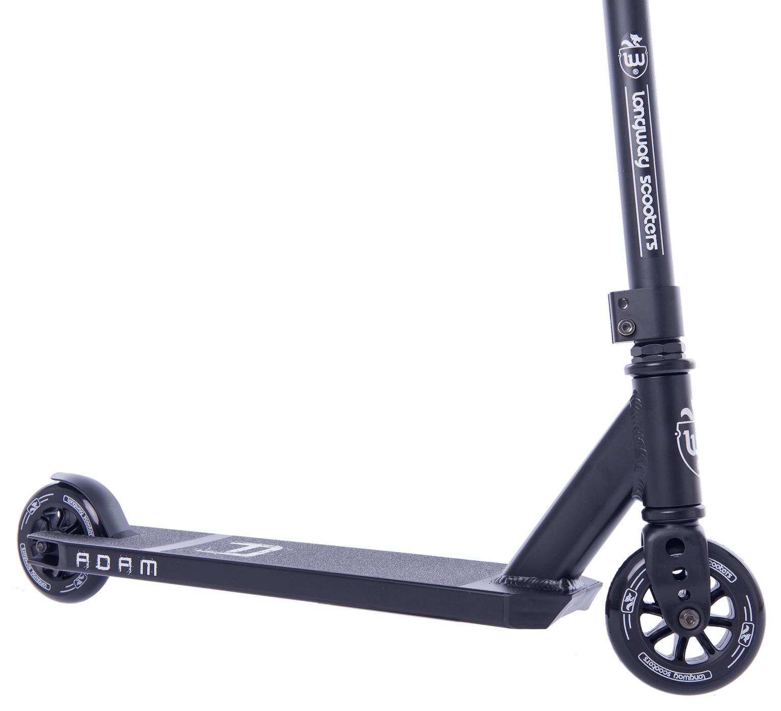 The Longway Adam Complete Stunt Scooter - Black is shown in a close-up, highlighting its lightweight black frame, two small wheels, and durable metal construction. The deck has a textured surface with "ADAM" printed on it, and the handlebar exhibits branding and design features perfect for beginner riders.