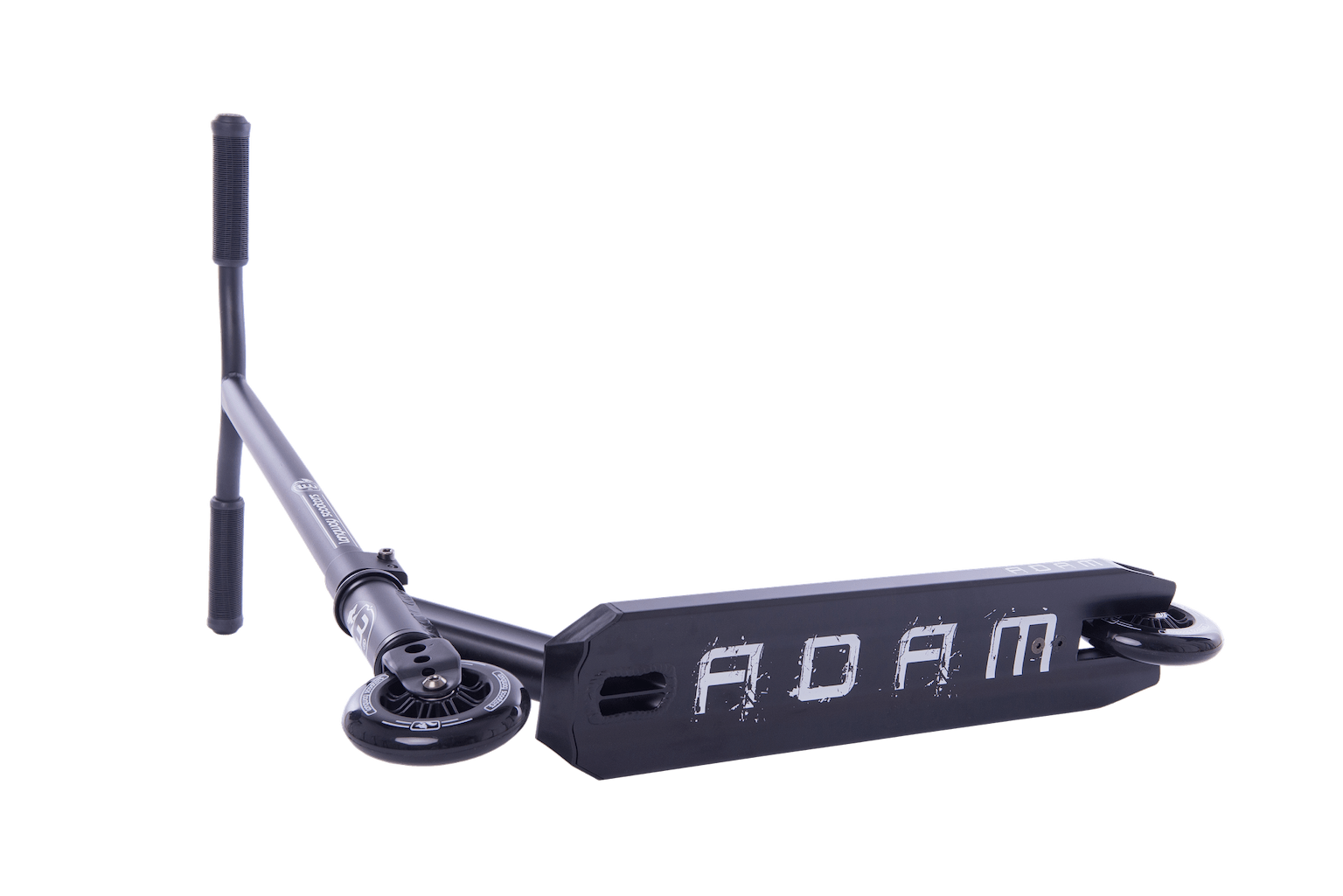 The Longway Adam Complete Stunt Scooter - Black, designed with beginners in mind, is equipped with handlebar grips and a deck prominently displaying the name "Adam." This lightweight scooter features wheels at both ends of the deck and is displayed on a simple white background.