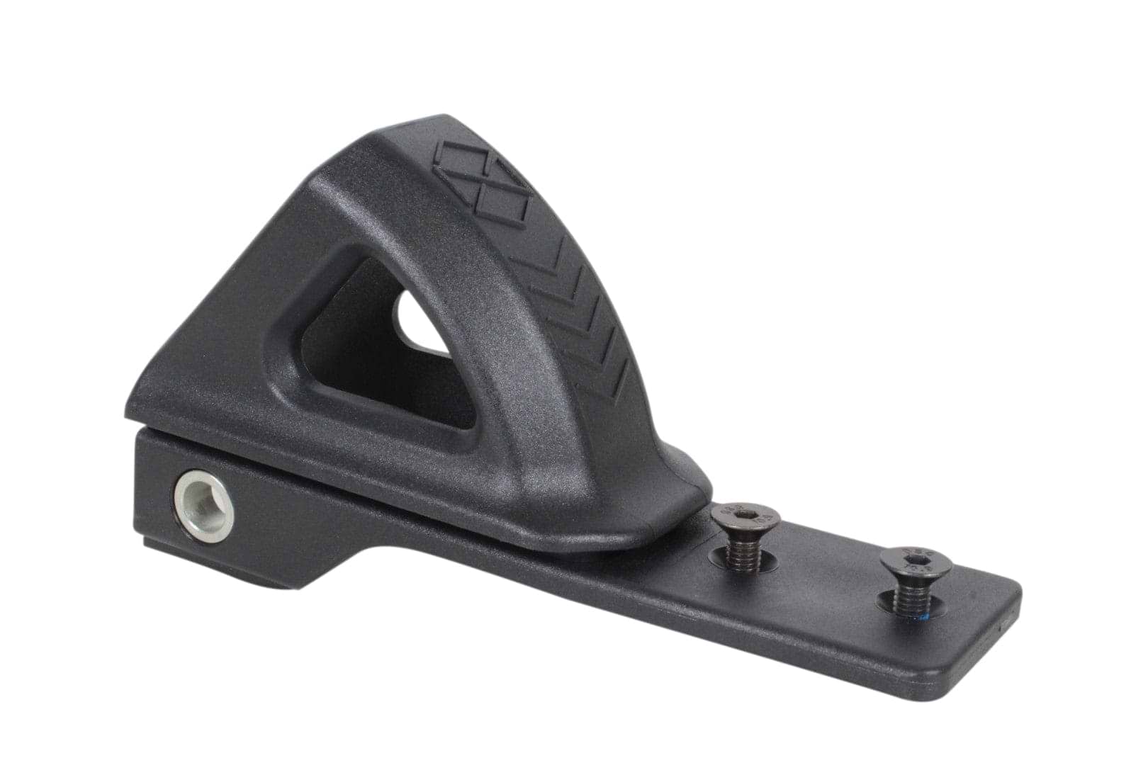 The Native Stem Stunt Scooter Fender - Black is a deck accessory with a triangular-shaped body and an open center, featuring a textured grip on the top. It comes with two screws on the lower flat extension for easy installation, making it perfect for rear wheel protection.