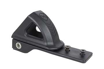 The Native Stem Stunt Scooter Fender - Black is a deck accessory with a triangular-shaped body and an open center, featuring a textured grip on the top. It comes with two screws on the lower flat extension for easy installation, making it perfect for rear wheel protection.