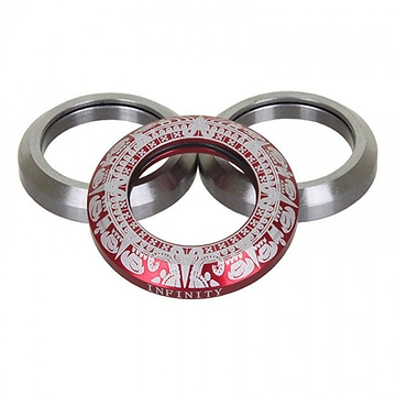 The Infinity Mayan Integrated Stunt Scooter Headset in Red by Infinity features a red and silver circular infinity ring with intricate patterns, partially overlapping two gray metallic rings. This design highlights the precision of CNC milling. Furthermore, the inclusion of sealed bearings ensures smooth motion and durability, making it perfect for a stunt scooter headset.