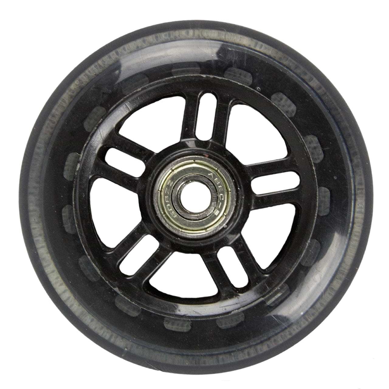 Close-up of the JD Bug Original Street 100mm Scooter Wheels in black, showcasing the sleek design featuring ABEC 5 bearings. The wheel exhibits a series of small cutouts around the hub, and its slightly translucent outer layer offers a glimpse into the detailed inner structure.