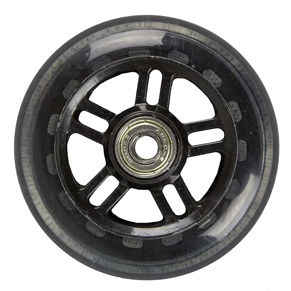 Close-up of the JD Bug Original Street 100mm Scooter Wheels in black, showcasing the sleek design featuring ABEC 5 bearings. The wheel exhibits a series of small cutouts around the hub, and its slightly translucent outer layer offers a glimpse into the detailed inner structure.