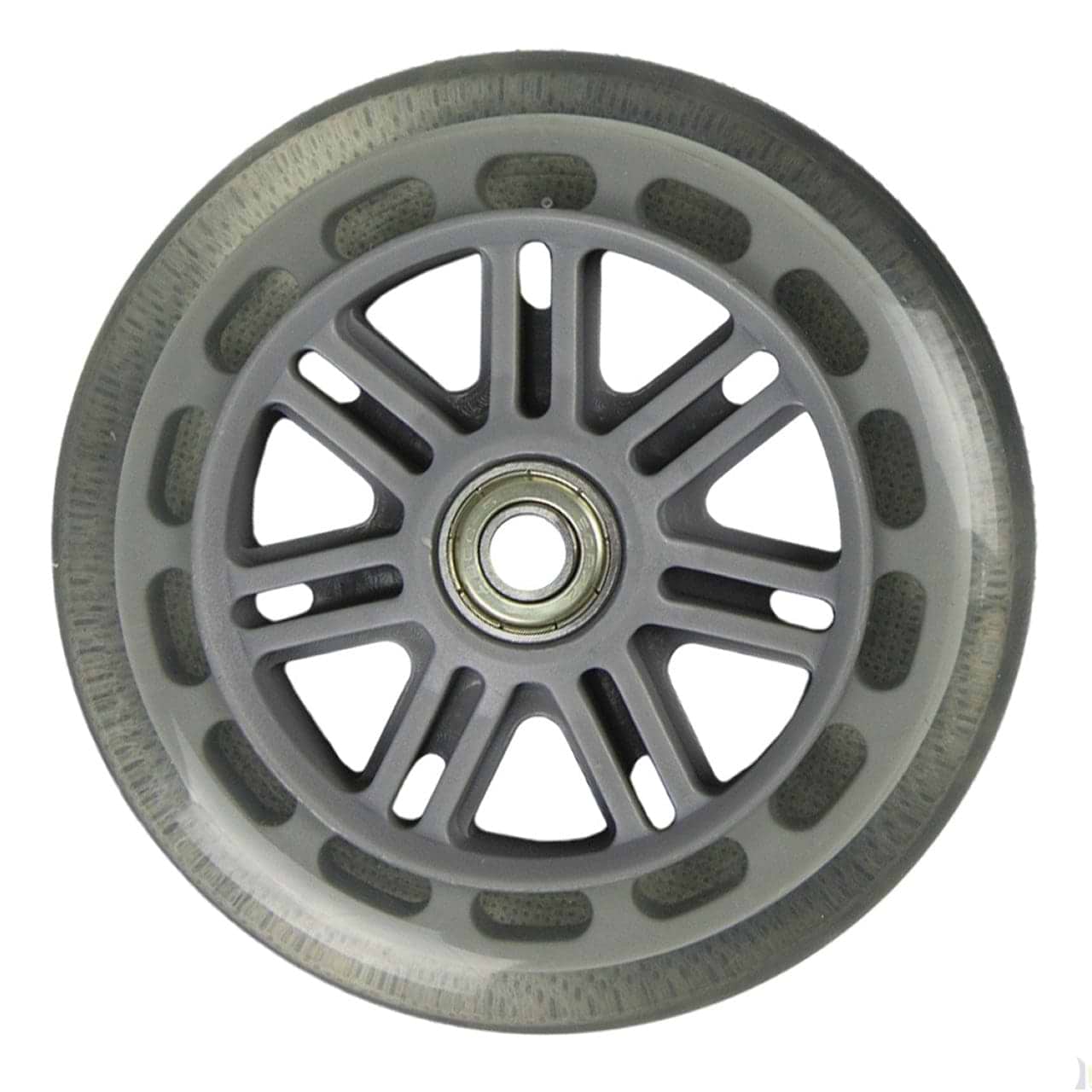 A close-up view of a single JD Bug Original Street 100mm Scooter Wheel in clear, featuring a metal bearing hub and a transparent outer rim. This wheel includes ABEC 5 bearings and is designed with angular spokes extending from the center to the edge.