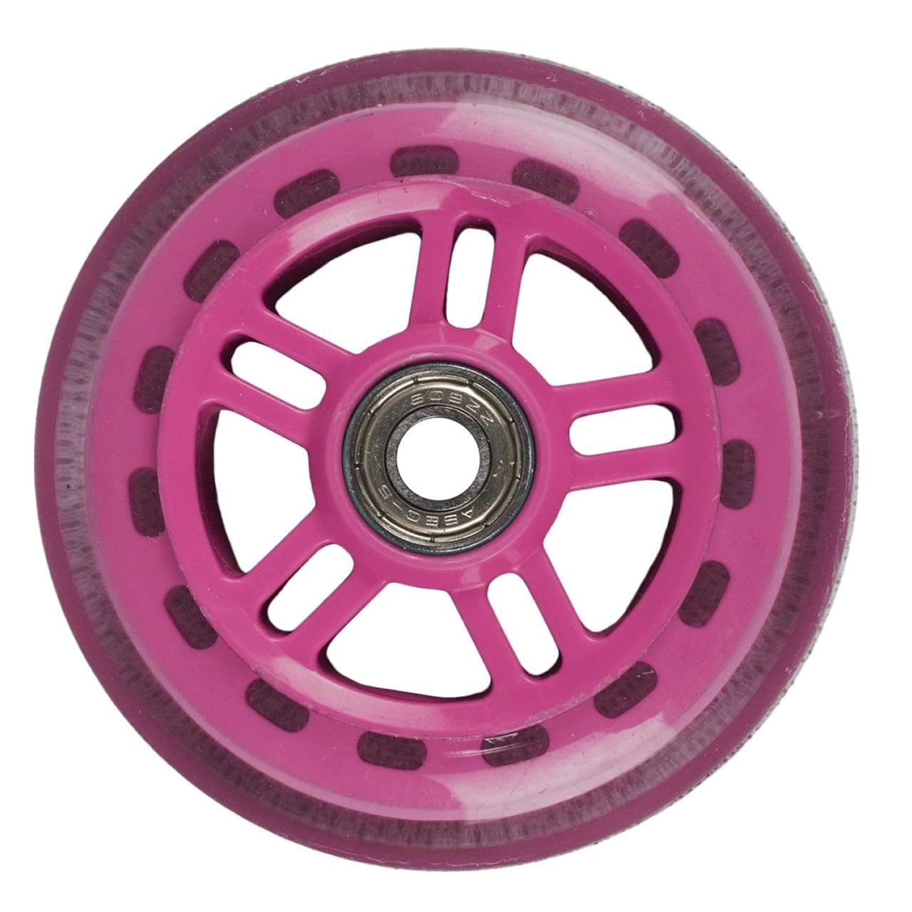 The JD Bug Original Street 100mm Scooter Wheel in pink is captured in close-up, highlighting its ABEC 5 metallic bearing at the center and a design of dark accents around the rim, set against a plain white background.