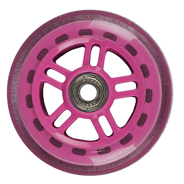 The JD Bug Original Street 100mm Scooter Wheel in pink is captured in close-up, highlighting its ABEC 5 metallic bearing at the center and a design of dark accents around the rim, set against a plain white background.