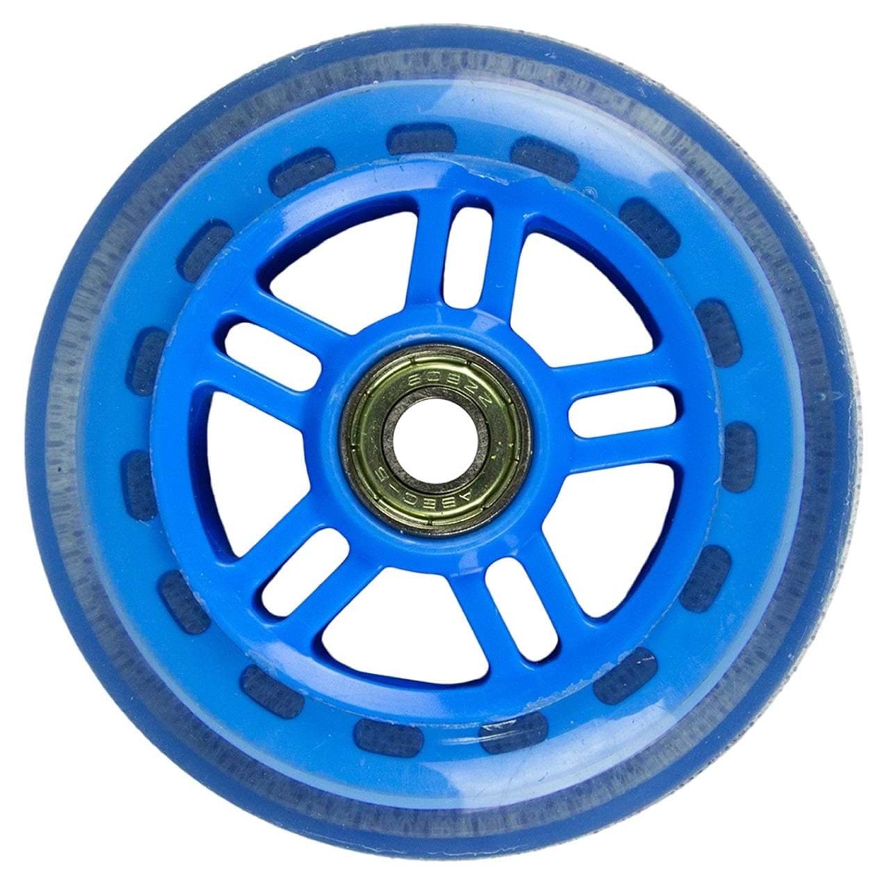 Close-up of the JD Bug Original Street 100mm Scooter Wheel in Reflex Blue, highlighting its ABEC 5 bearings at the center. The wheel features a translucent rubber outer layer and a hub with a sleek spoke design.
