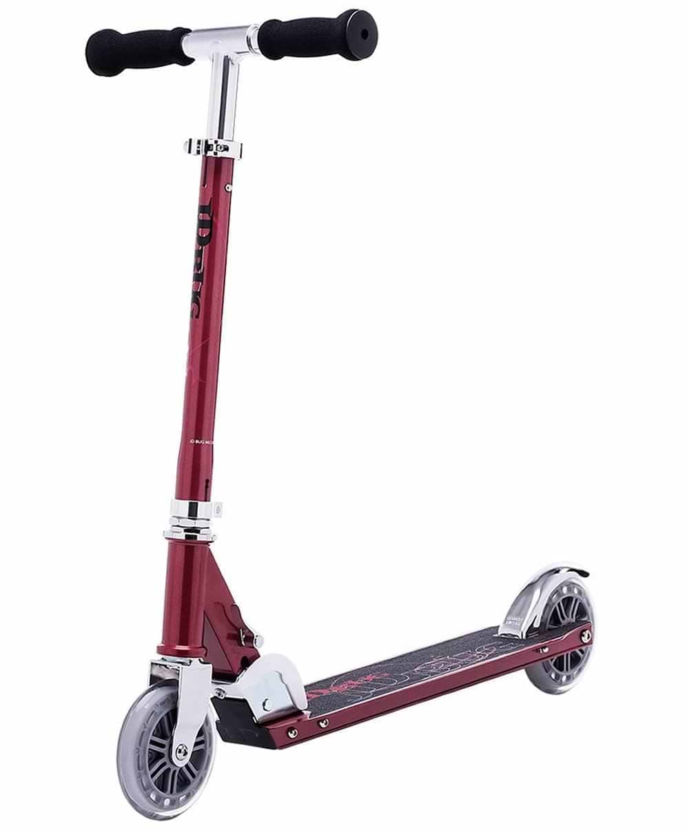 The JD Bug Classic Street 120 Kids Foldable Kick Scooter - Red Glow Pearl by JD Bug is a stylish red delight with black foam handles, two wheels, and a textured deck for grip. Its lightweight and foldable design ensures easy transport.