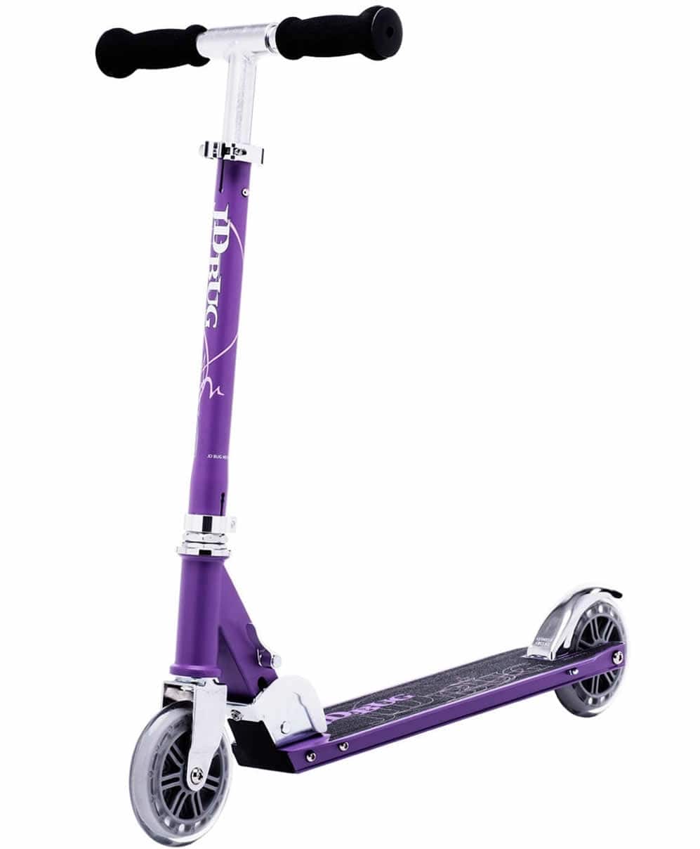 The JD Bug Classic Street 120 Kids Foldable Kick Scooter in matt purple offers a sleek, lightweight design with adjustable T-shaped handlebars featuring black grips, sturdy frame, and silver wheels. It also showcases a stylish graphic on the deck for added flair.