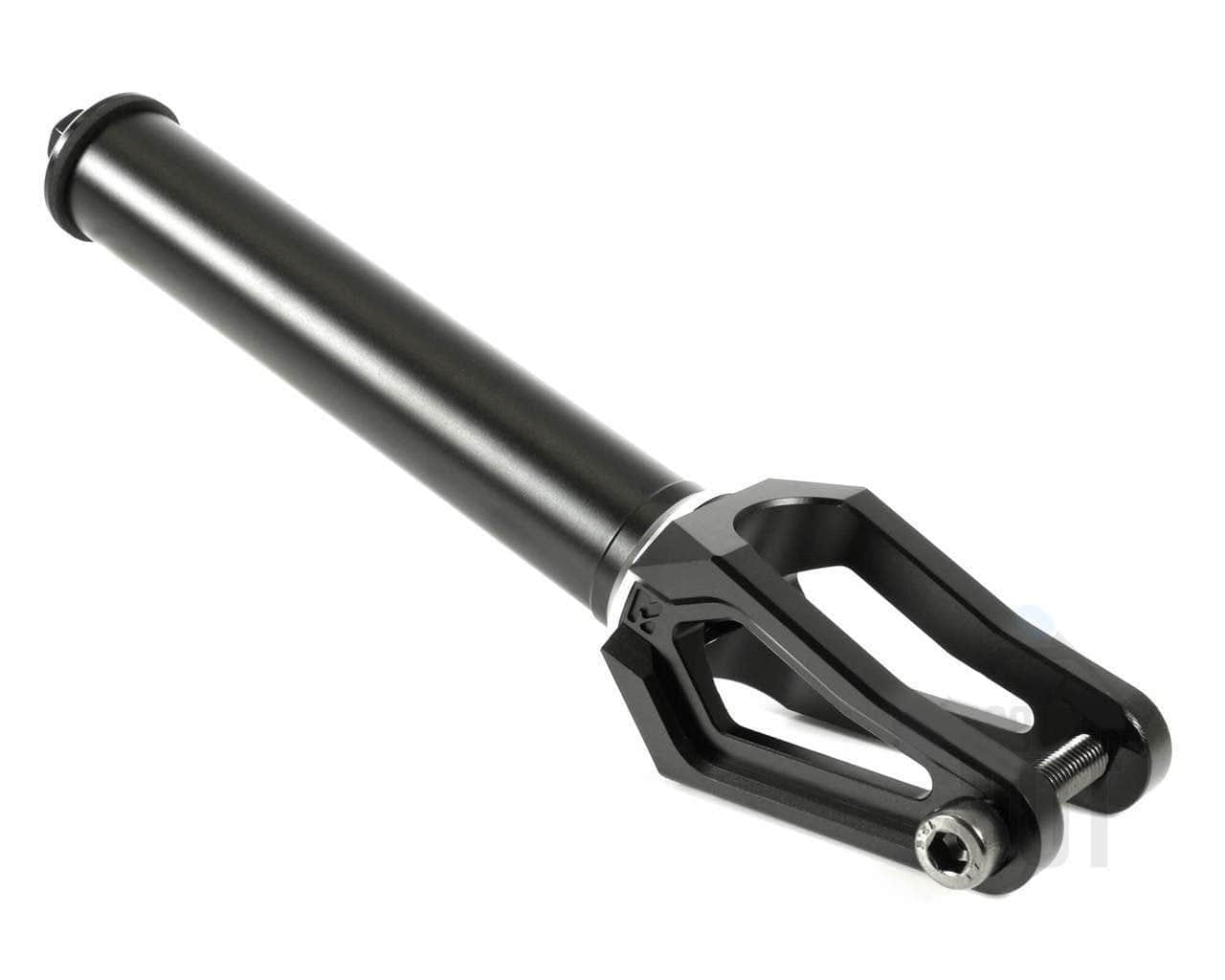 The Root Industries AIR SCS/HIC Stunt Scooter Forks in Black are a stunning aluminum creation with a sleek cylindrical stem and an open, angular fork design. Built for durability and lightweight performance, these scooter forks are perfect for freestyle riders aiming for exceptional agility.