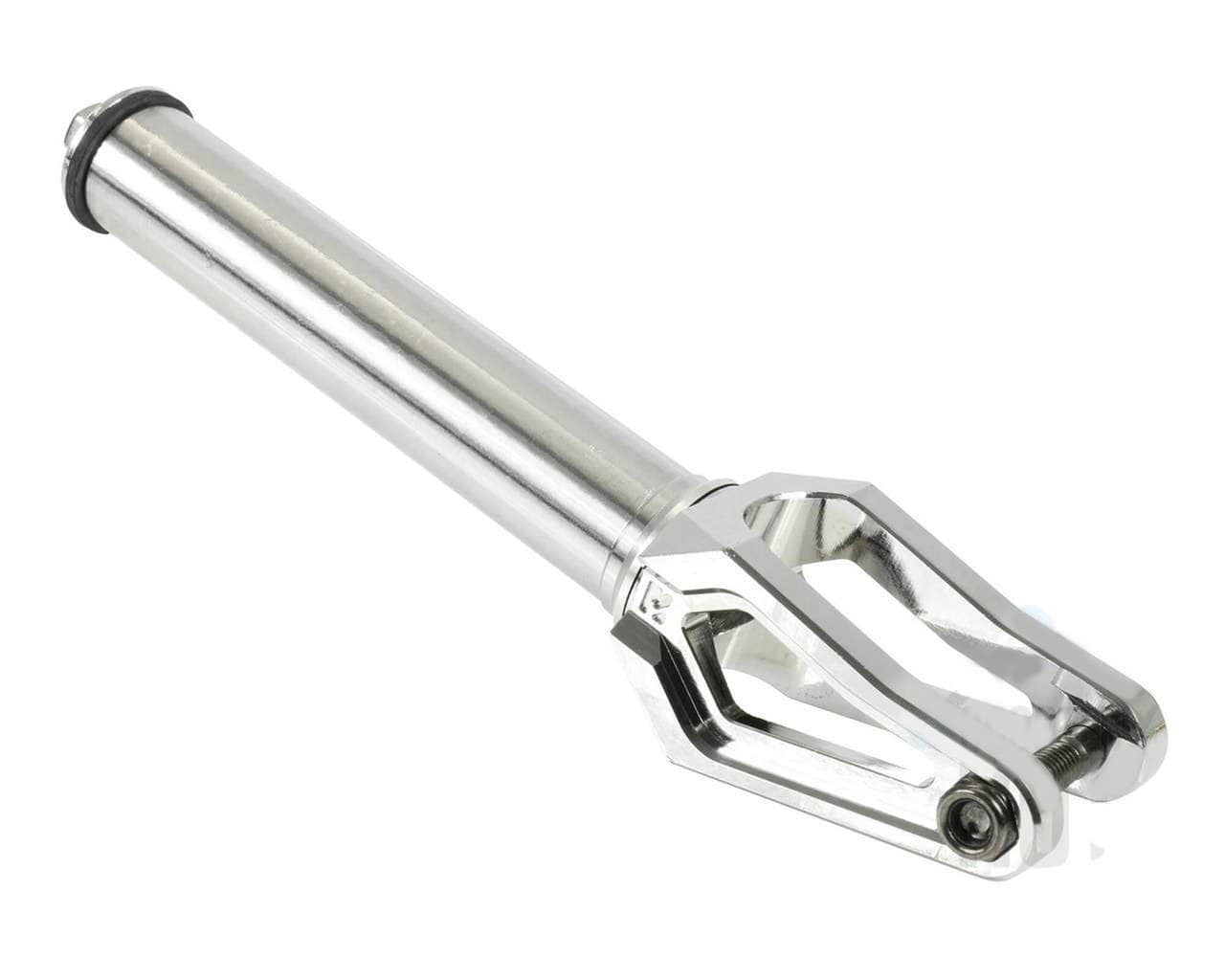 The Root Industries AIR SCS/HIC Stunt Scooter Forks in Polished Chrome is displayed against a plain white background. This silver, lightweight scooter fork highlights a cylindrical stem and forked end for wheel installation, emphasizing its metallic sheen and precise engineering details.