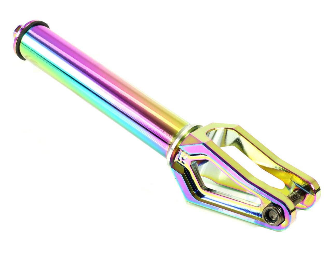 The Root Industries AIR SCS/HIC Stunt Scooter Forks in Rocket Fuel Neochrome offer a lightweight and vibrant design, featuring a cylindrical stem with an open-ended structure that includes bolt holes for easy wheel attachment. The reflective neochrome finish displays a stunning shift in colors across the surface.